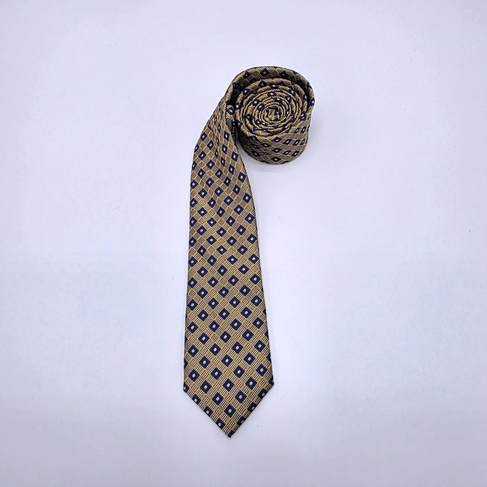 Rooster Mens Silk Blend Gold Blue Geometric Square Pattern Necktie 3 Inch